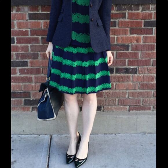 ASO The Mindy Project J. Crew 100% Silk Kelly Green Navy Blue Beanstalk Skirt - Picture 3 of 15